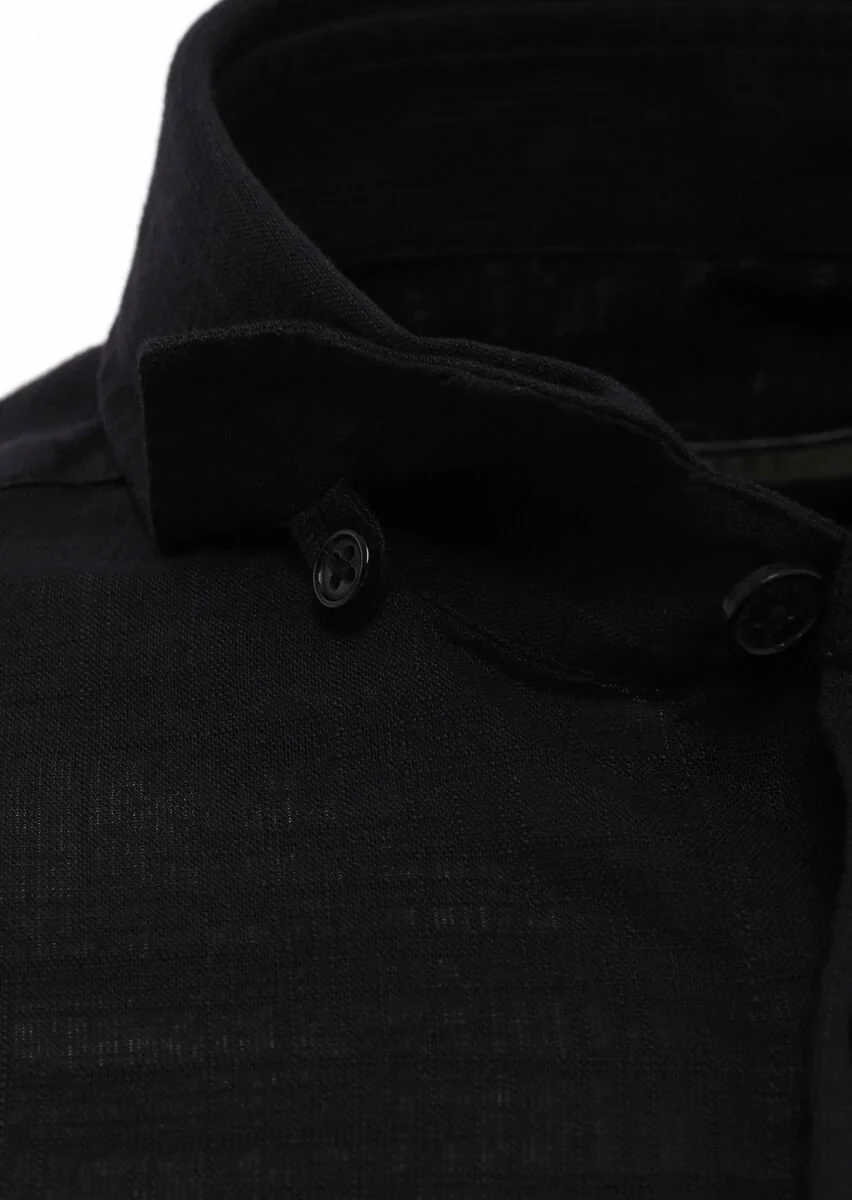 Siyah Düz Regular Fit Dokuma Casual %100 Keten Gömlek - 3