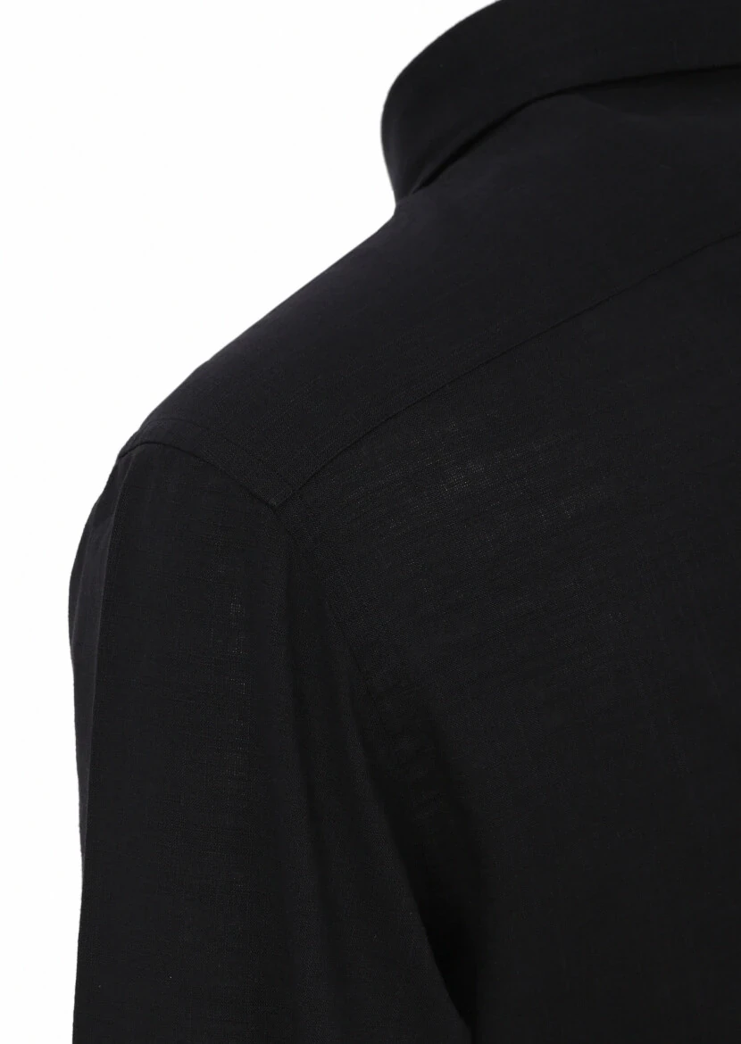 Siyah Düz Regular Fit Dokuma Casual %100 Keten Gömlek - 4