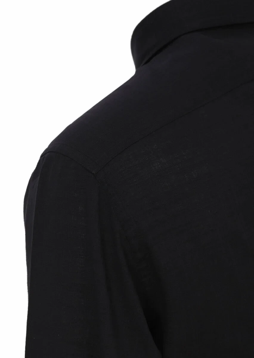 Siyah Düz Regular Fit Dokuma Casual %100 Keten Gömlek - 4