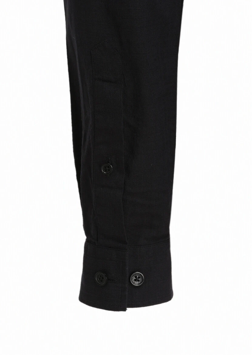 Siyah Düz Regular Fit Dokuma Casual %100 Keten Gömlek - 5