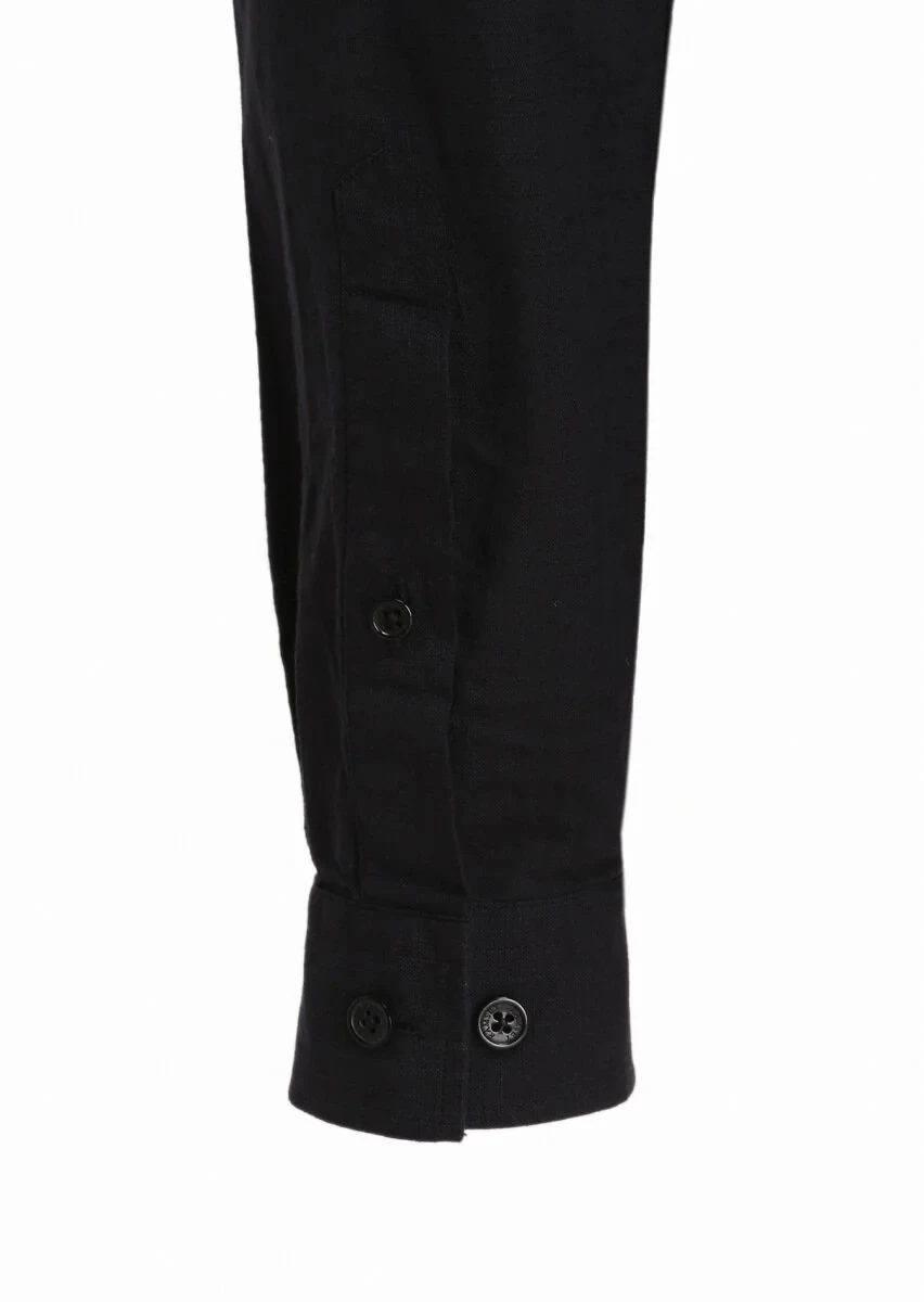 Siyah Düz Regular Fit Dokuma Casual %100 Keten Gömlek - 5