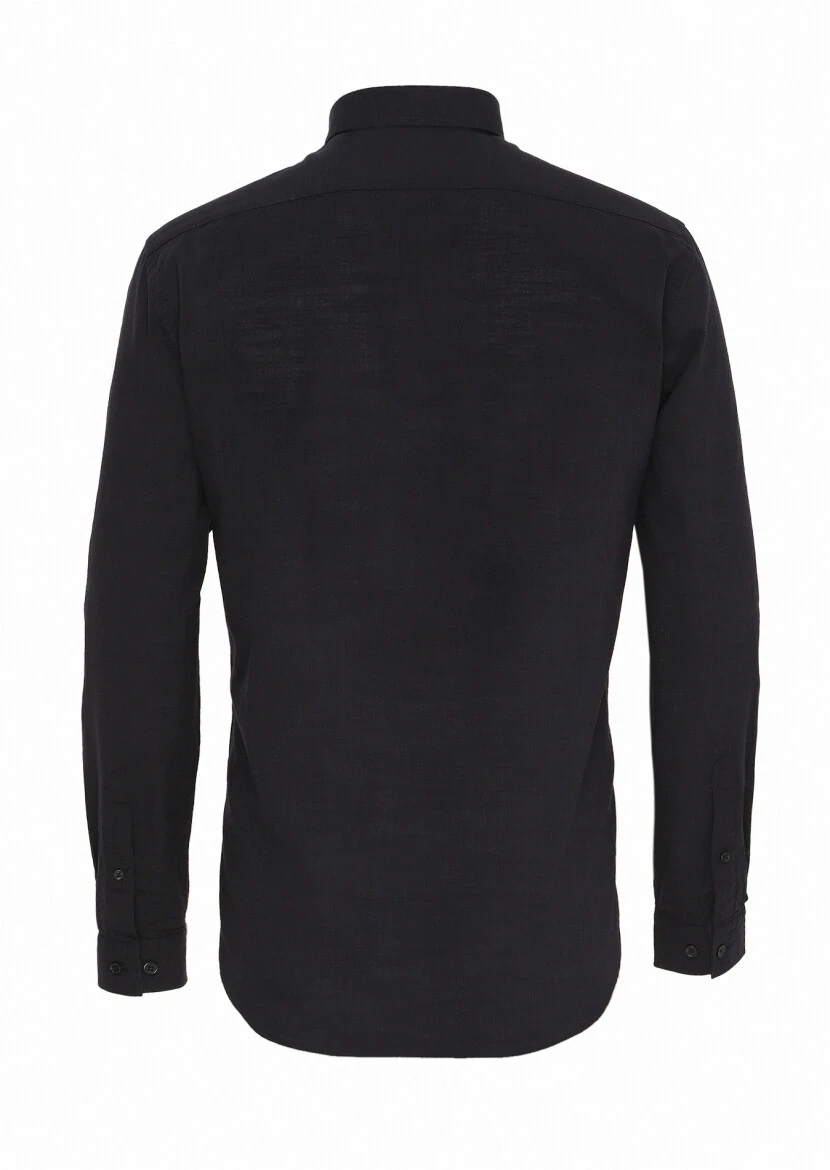 Siyah Düz Regular Fit Dokuma Casual %100 Keten Gömlek - 6