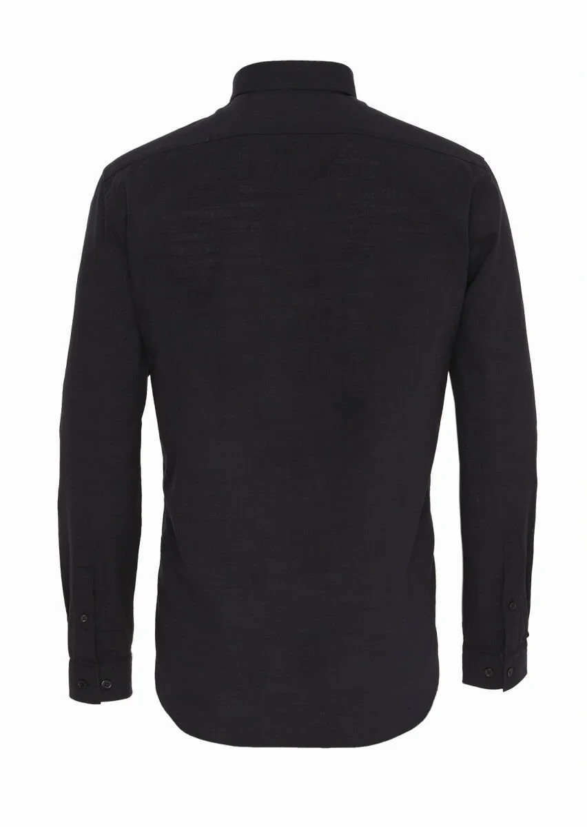 Siyah Düz Regular Fit Dokuma Casual %100 Keten Gömlek - 6