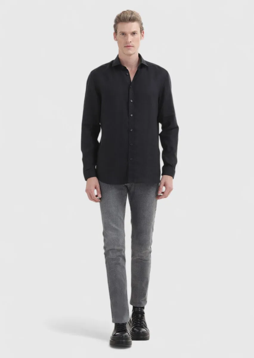 Siyah Düz Regular Fit Dokuma Casual %100 Keten Gömlek - 1