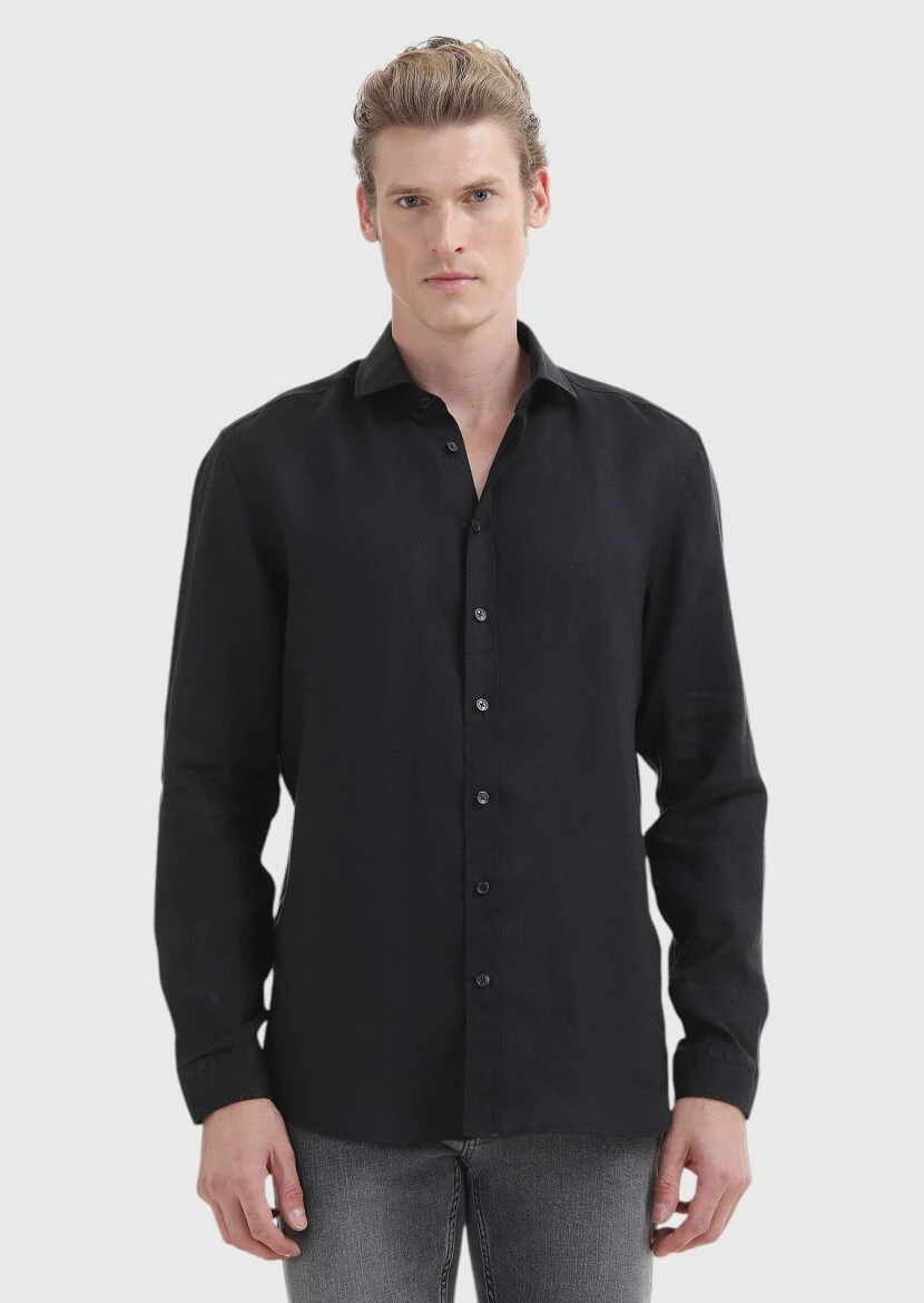 Siyah Düz Regular Fit Dokuma Casual %100 Keten Gömlek - 2
