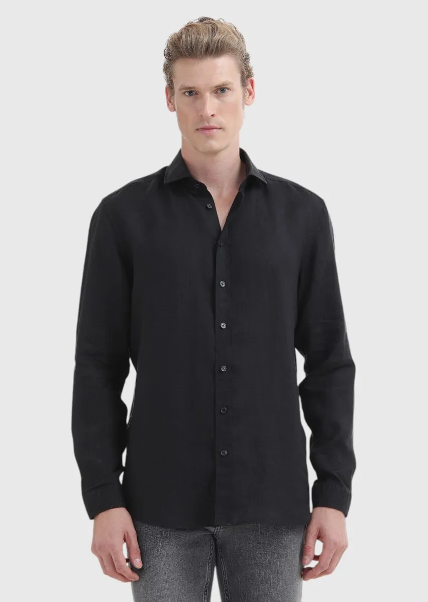 Siyah Düz Regular Fit Dokuma Casual %100 Keten Gömlek - 2