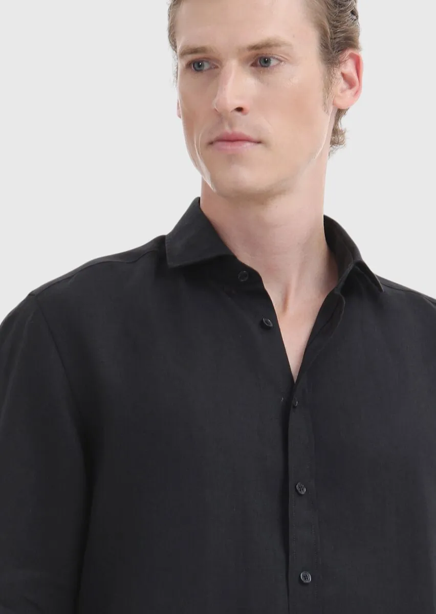 Siyah Düz Regular Fit Dokuma Casual %100 Keten Gömlek - 3