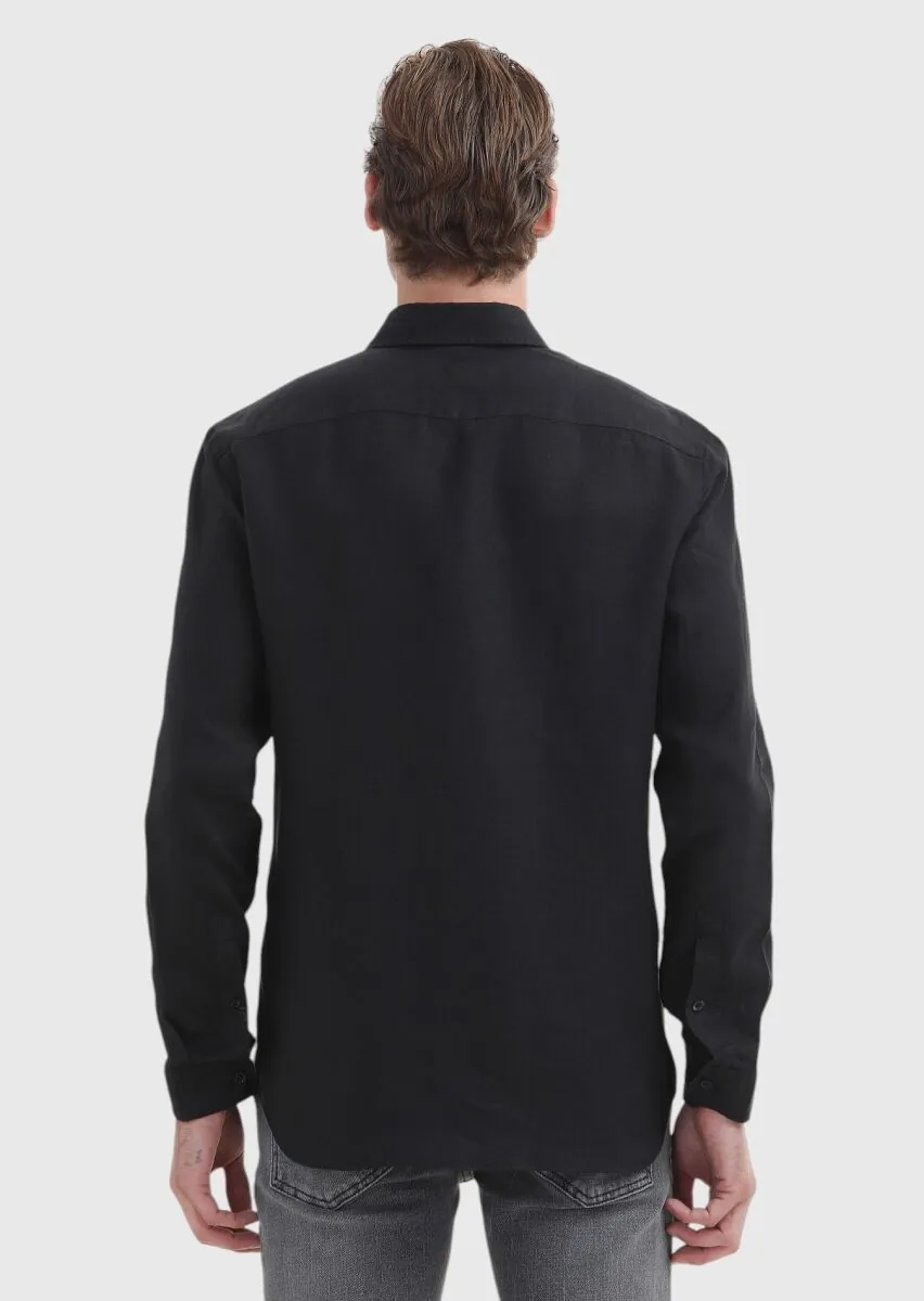 Siyah Düz Regular Fit Dokuma Casual %100 Keten Gömlek - 4
