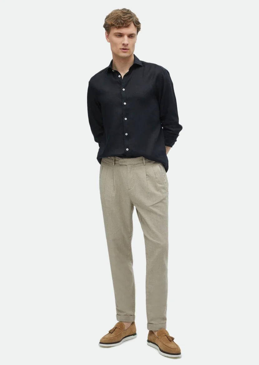 Siyah Düz Regular Fit Dokuma Casual %100 Keten Gömlek 
