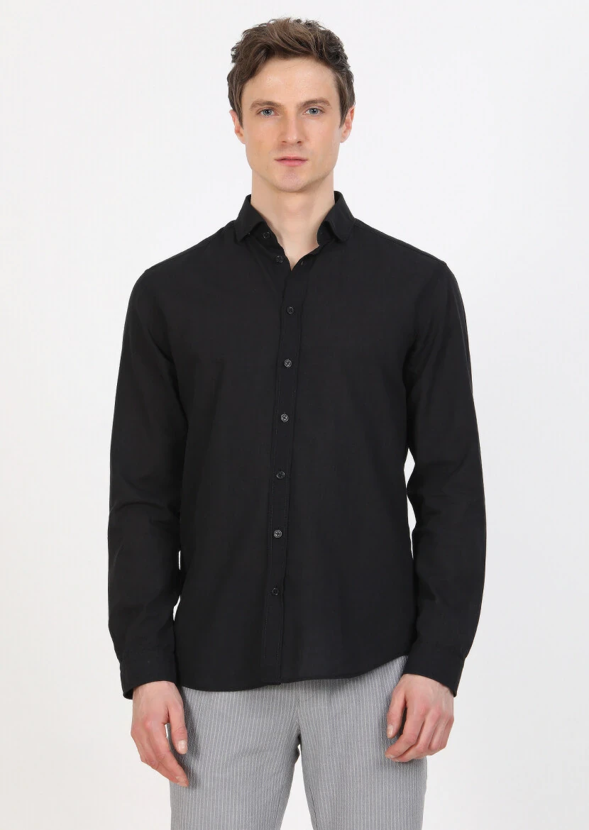 Siyah Düz Regular Fit Dokuma Casual %100 Pamuk Gömlek 
