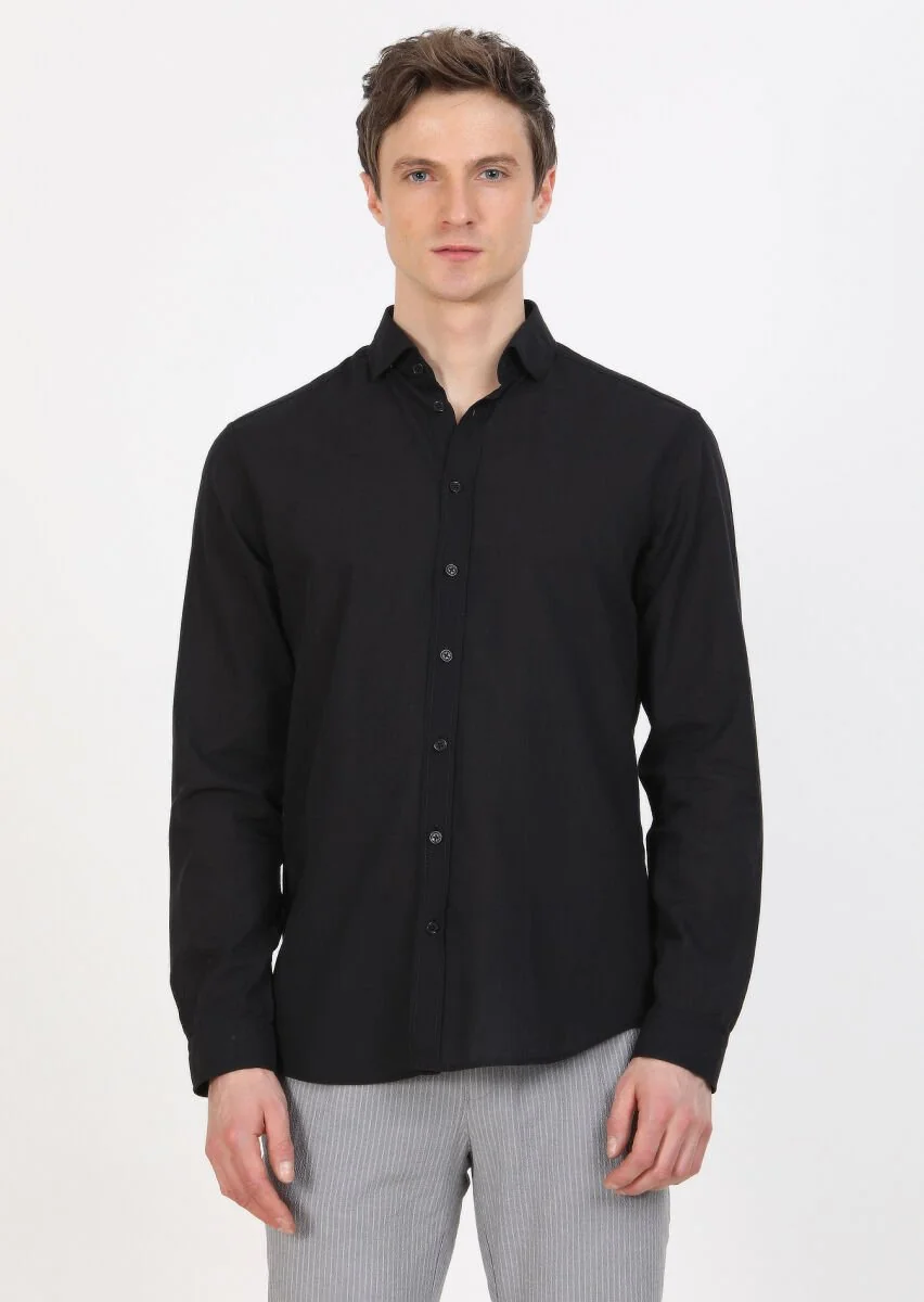 Siyah Düz Regular Fit Dokuma Casual %100 Pamuk Gömlek - 2