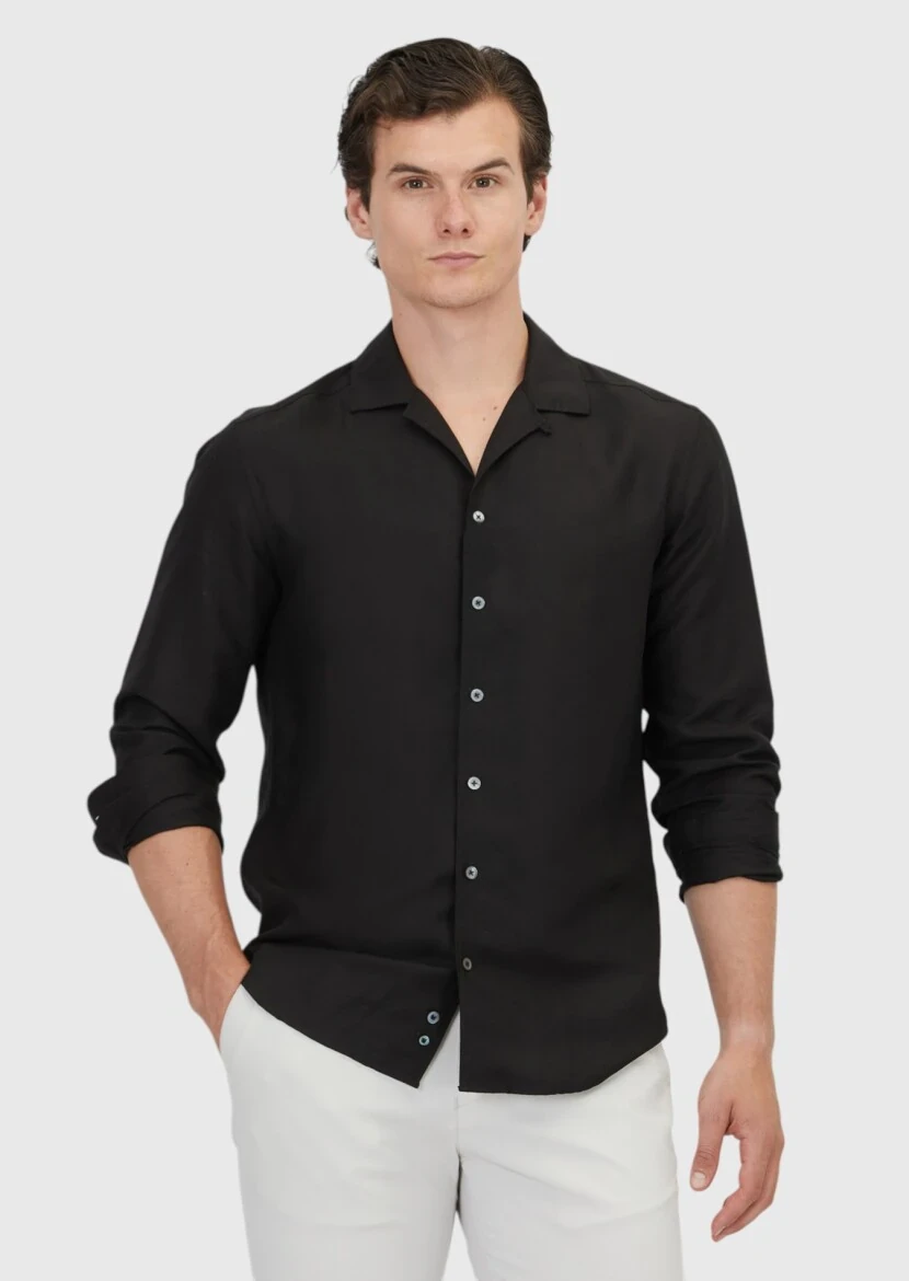 Siyah Düz Regular Fit Dokuma Casual Keten Karışımlı Gömlek - 1