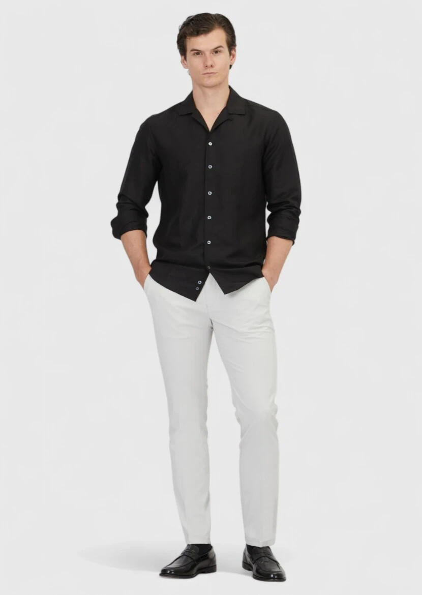 Siyah Düz Regular Fit Dokuma Casual Keten Karışımlı Gömlek - 2