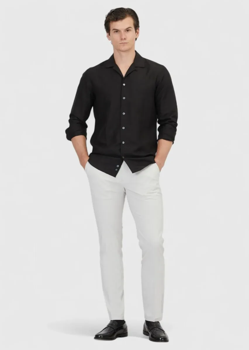 Siyah Düz Regular Fit Dokuma Casual Keten Karışımlı Gömlek - 2