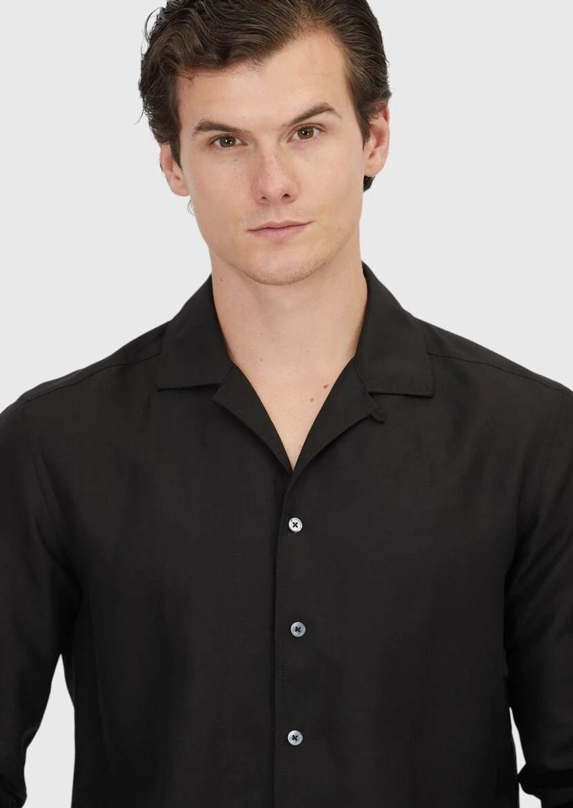 Siyah Düz Regular Fit Dokuma Casual Keten Karışımlı Gömlek - 3