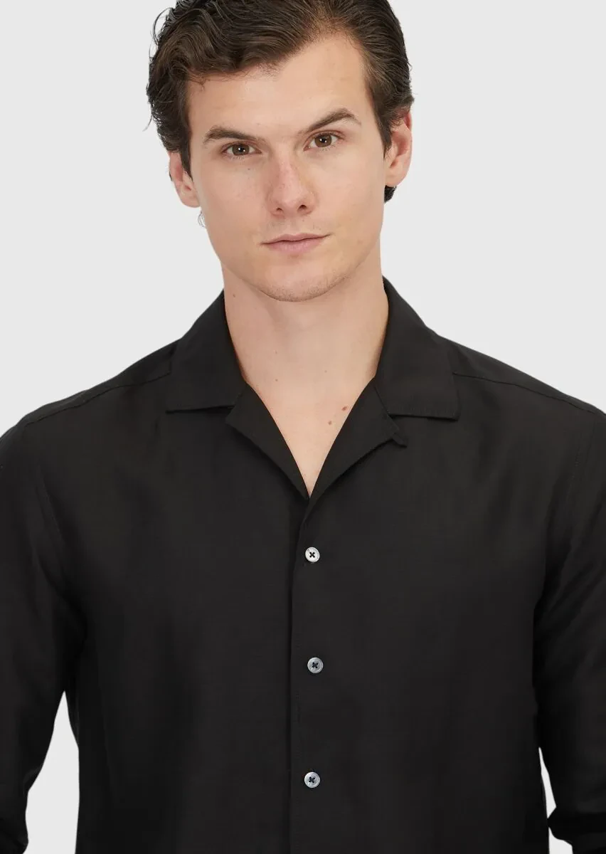 Siyah Düz Regular Fit Dokuma Casual Keten Karışımlı Gömlek - 3