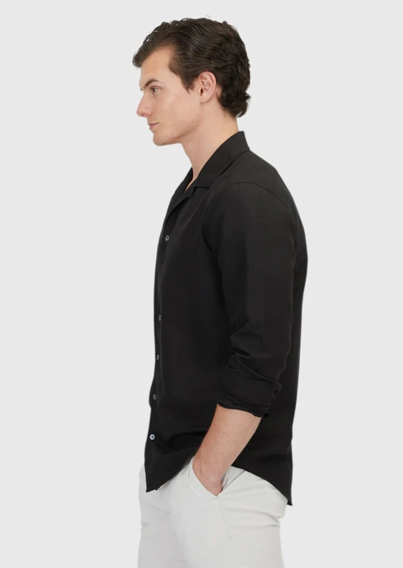 Siyah Düz Regular Fit Dokuma Casual Keten Karışımlı Gömlek - 4