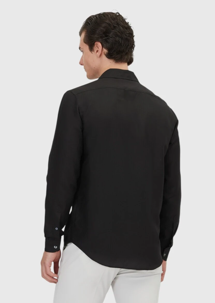 Siyah Düz Regular Fit Dokuma Casual Keten Karışımlı Gömlek - 5