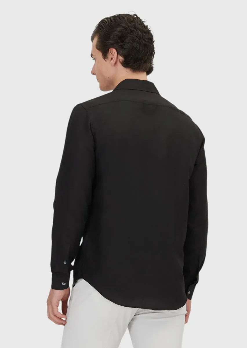 Siyah Düz Regular Fit Dokuma Casual Keten Karışımlı Gömlek - 5