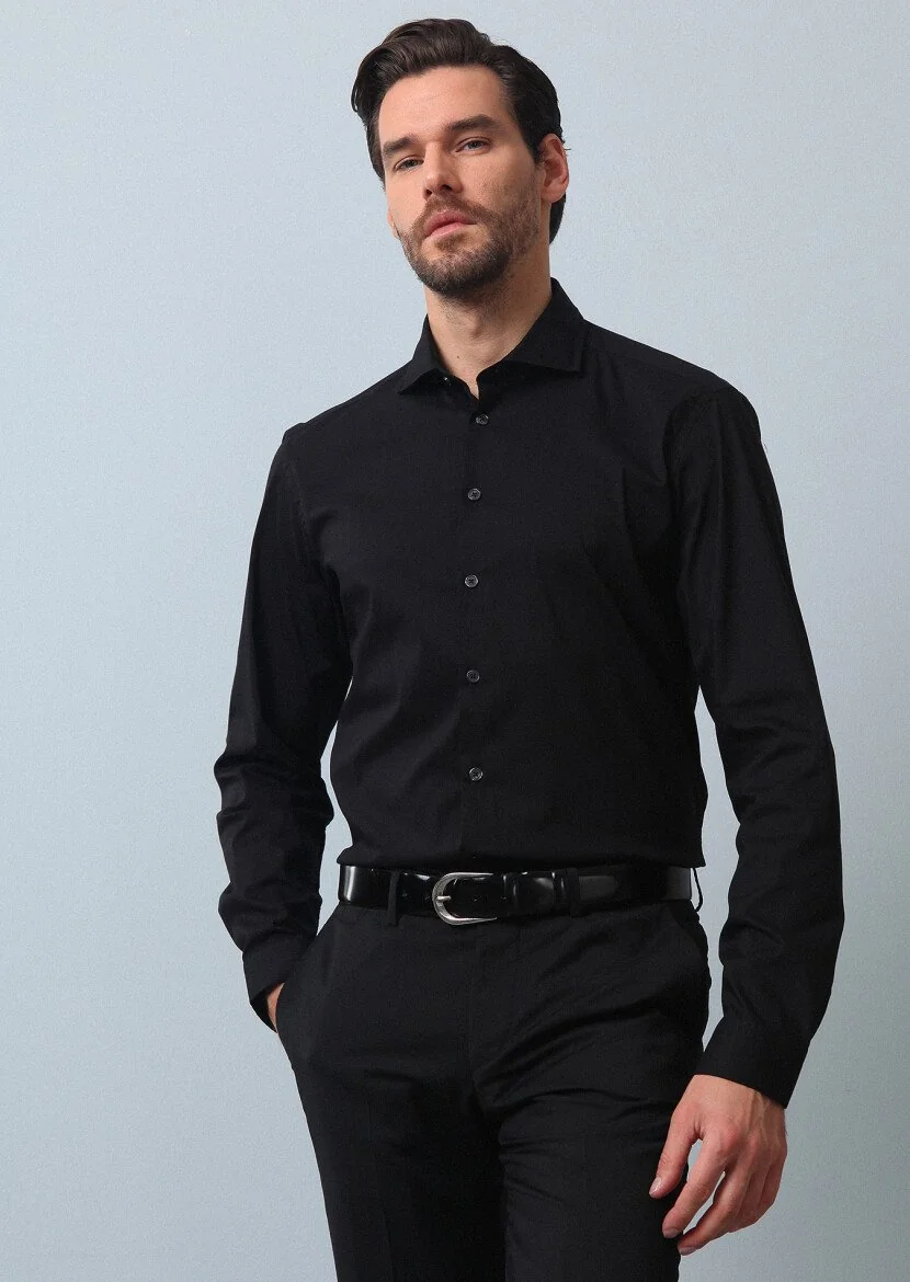 Siyah Düz Regular Fit Dokuma Casual Pamuk Karışımlı Gömlek - 3