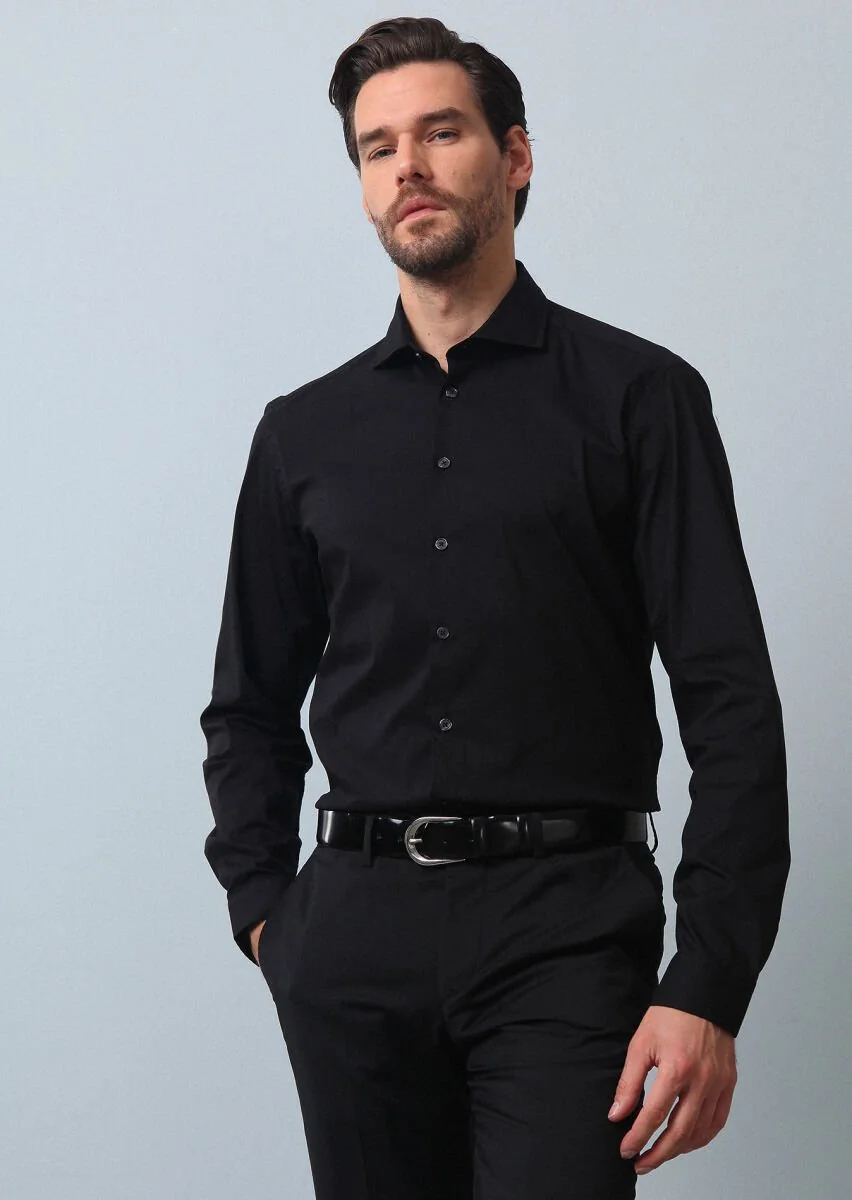 Siyah Düz Regular Fit Dokuma Casual Pamuk Karışımlı Gömlek - 3