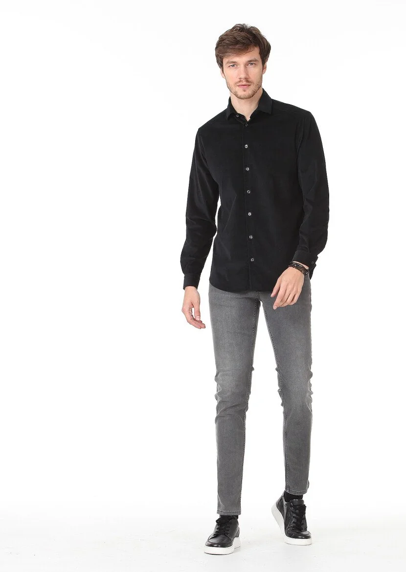 Siyah Düz Regular Fit Dokuma Kadife Casual Pamuk Karışımlı Gömlek - 3