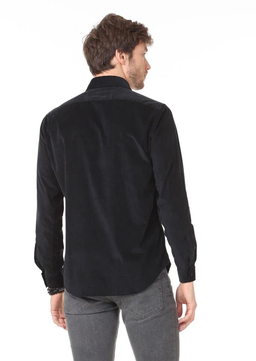 Siyah Düz Regular Fit Dokuma Kadife Casual Pamuk Karışımlı Gömlek - 4