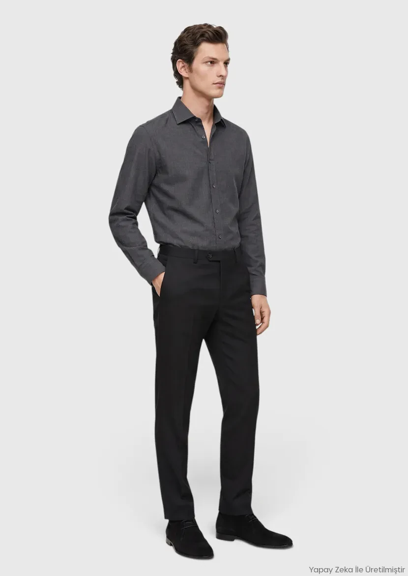 Siyah Düz Regular Fit Klasik %100 Yün Pantolon 