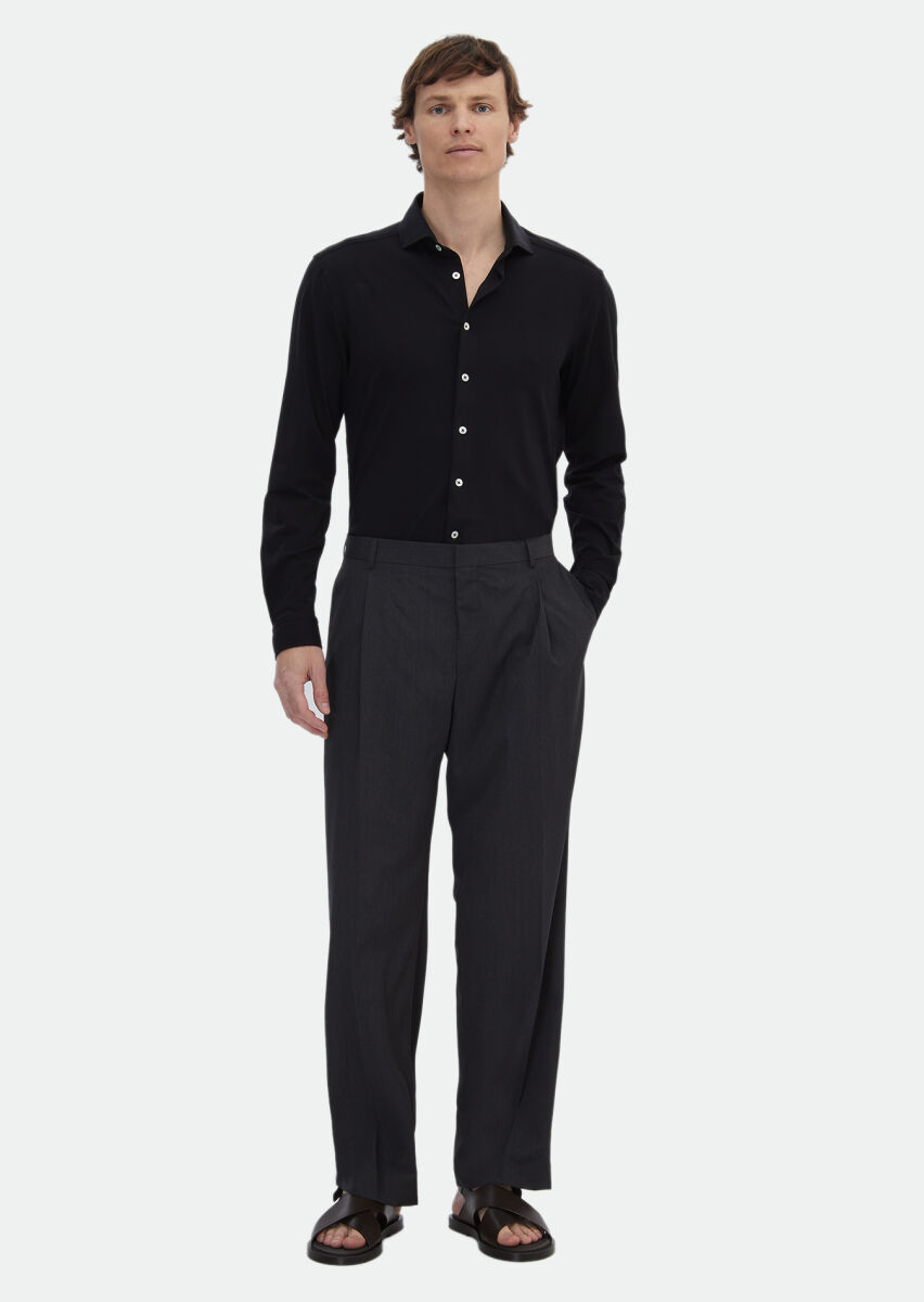 Siyah Düz Regular Fit Uzun Casual Pamuk Karışımlı Gömlek - 2