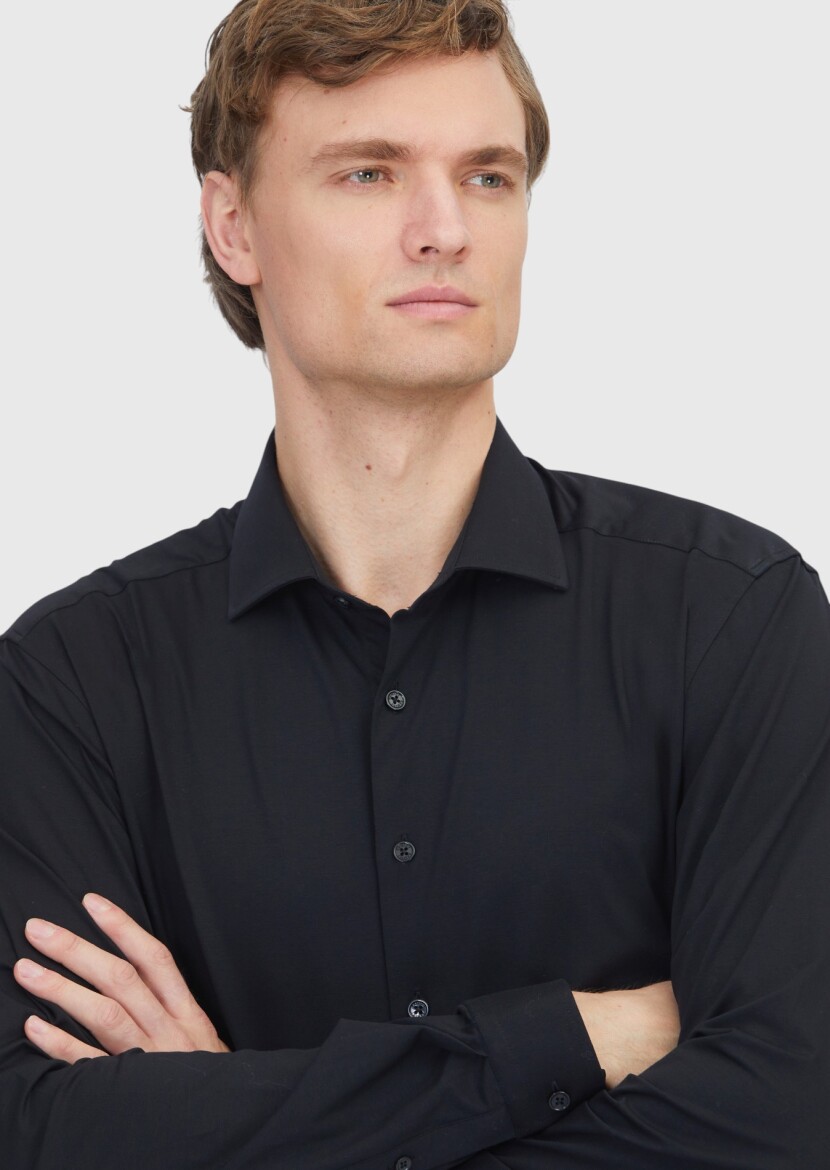 Siyah Düz Regular Fit Uzun Casual Pamuk Karışımlı Gömlek - 3