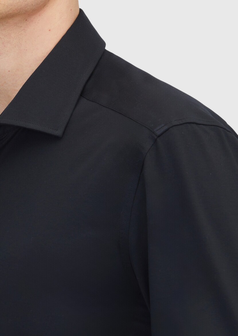 Siyah Düz Regular Fit Uzun Casual Pamuk Karışımlı Gömlek - 5