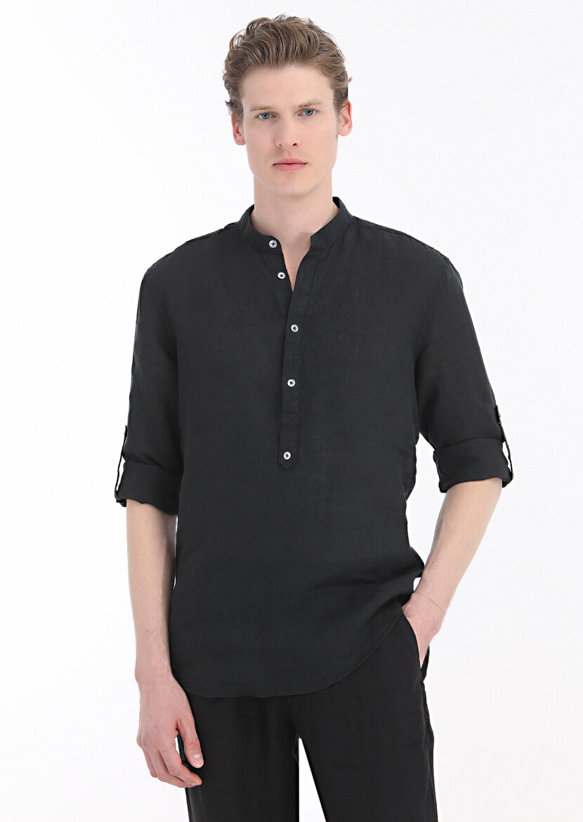 Siyah Düz Regular Fit Uzun Dokuma Casual %100 Keten Gömlek - 2