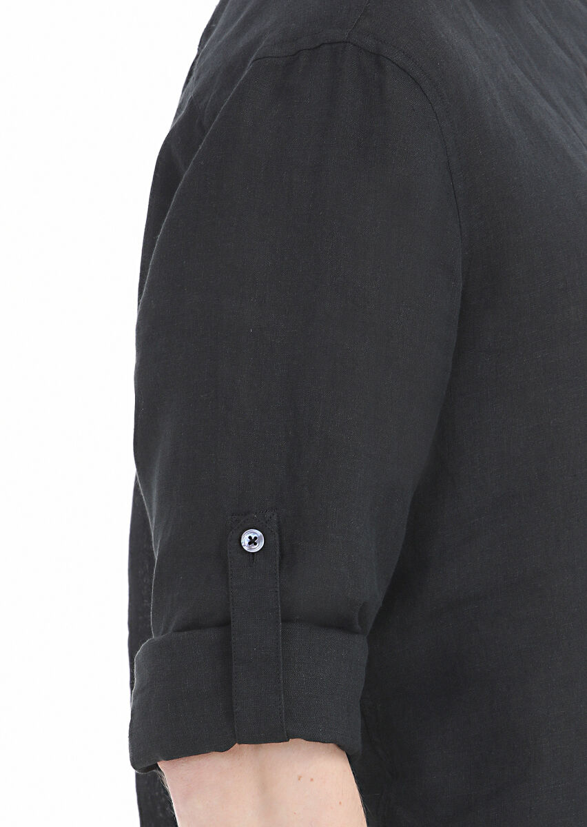 Siyah Düz Regular Fit Uzun Dokuma Casual %100 Keten Gömlek - 4