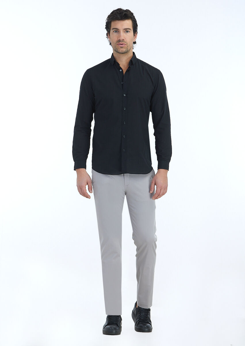 Siyah Düz Regular Fit Uzun Dokuma Casual %100 Pamuk Gömlek - 1