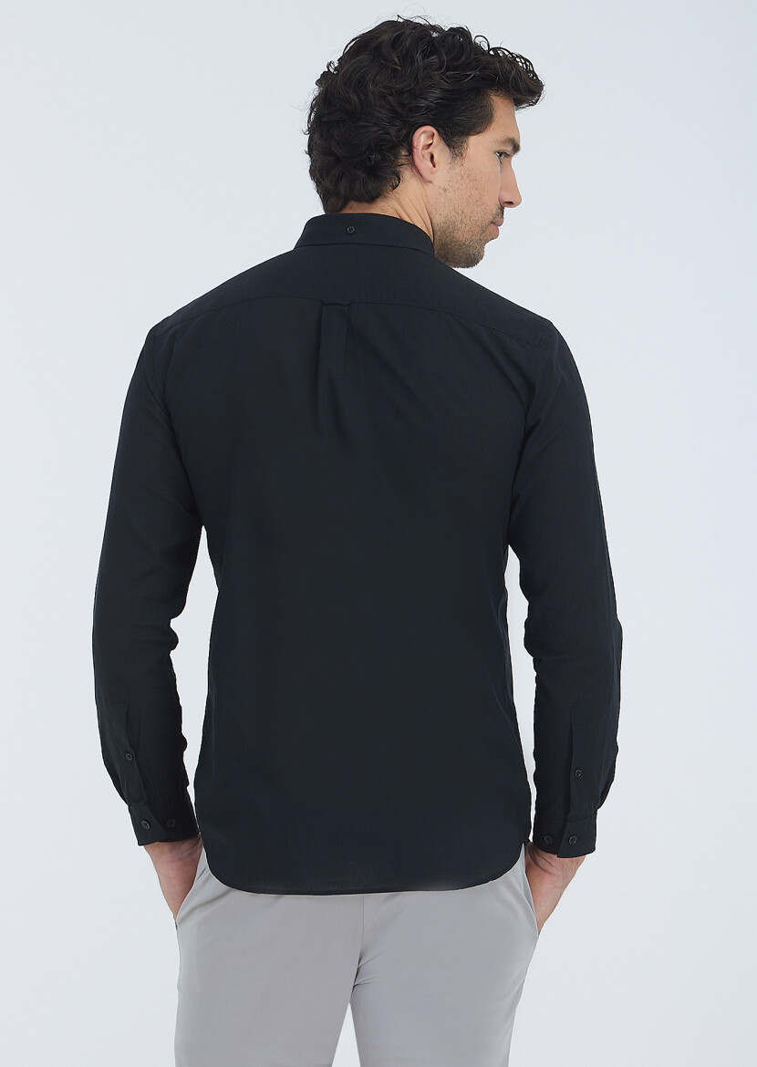 Siyah Düz Regular Fit Uzun Dokuma Casual %100 Pamuk Gömlek - 5
