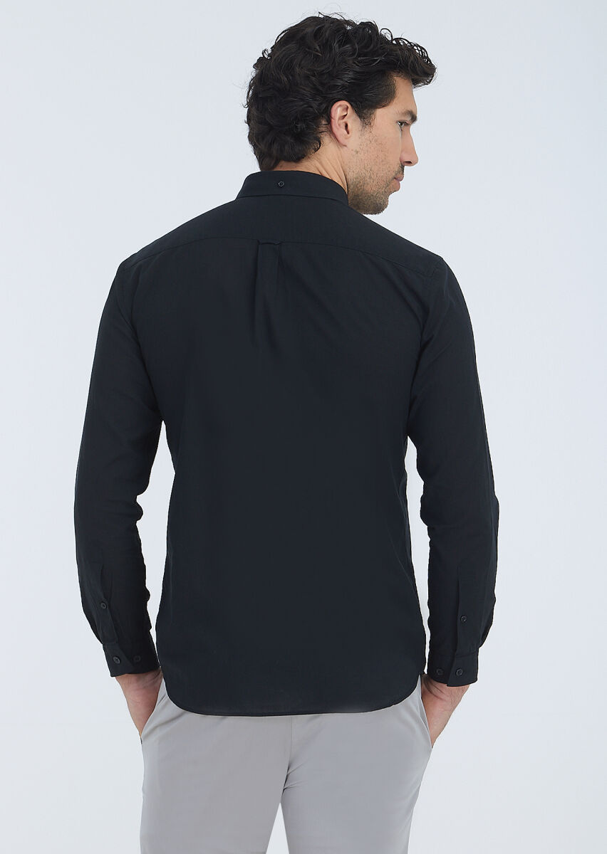 Siyah Düz Regular Fit Uzun Dokuma Casual %100 Pamuk Gömlek - 5