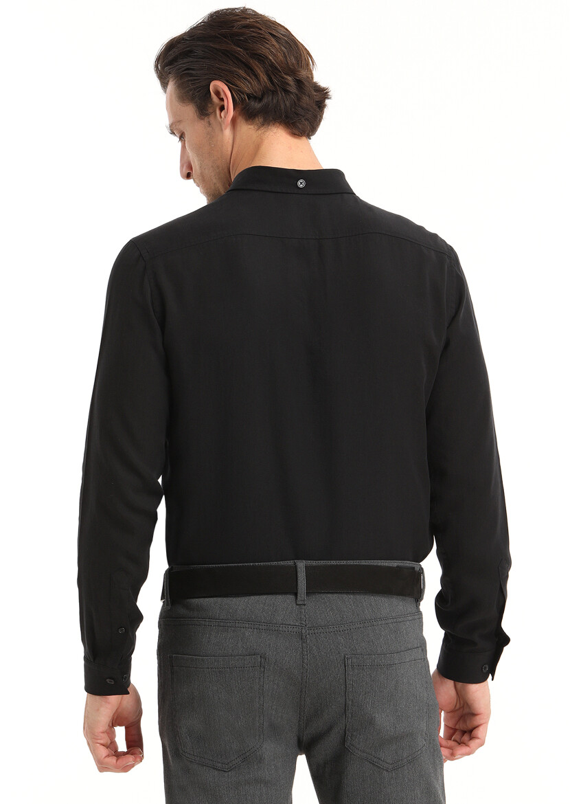 Siyah Düz Regular Fit Uzun Dokuma Casual Gömlek - 4
