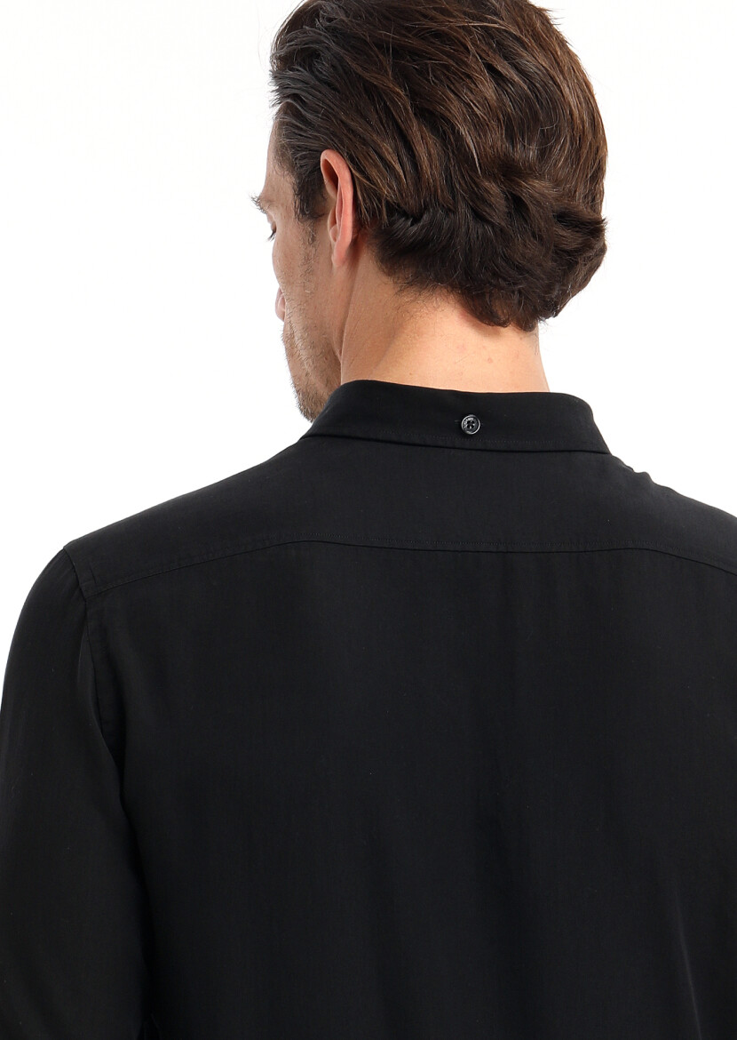 Siyah Düz Regular Fit Uzun Dokuma Casual Gömlek - 5