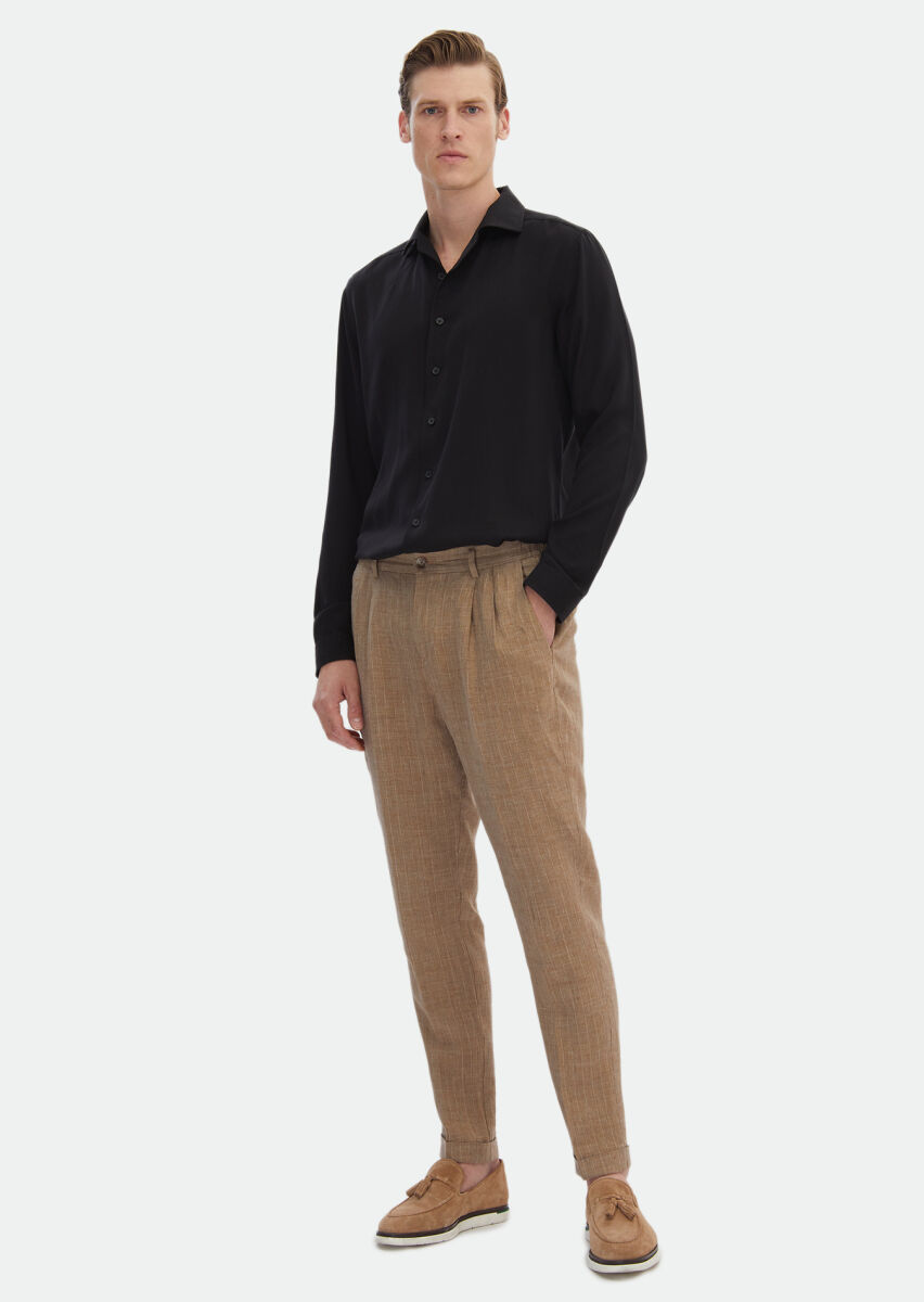 Siyah Düz Regular Fit Uzun Dokuma Casual Gömlek - 2