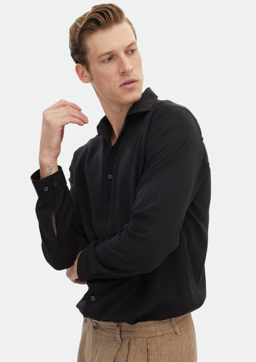 Siyah Düz Regular Fit Uzun Dokuma Casual Gömlek - 3