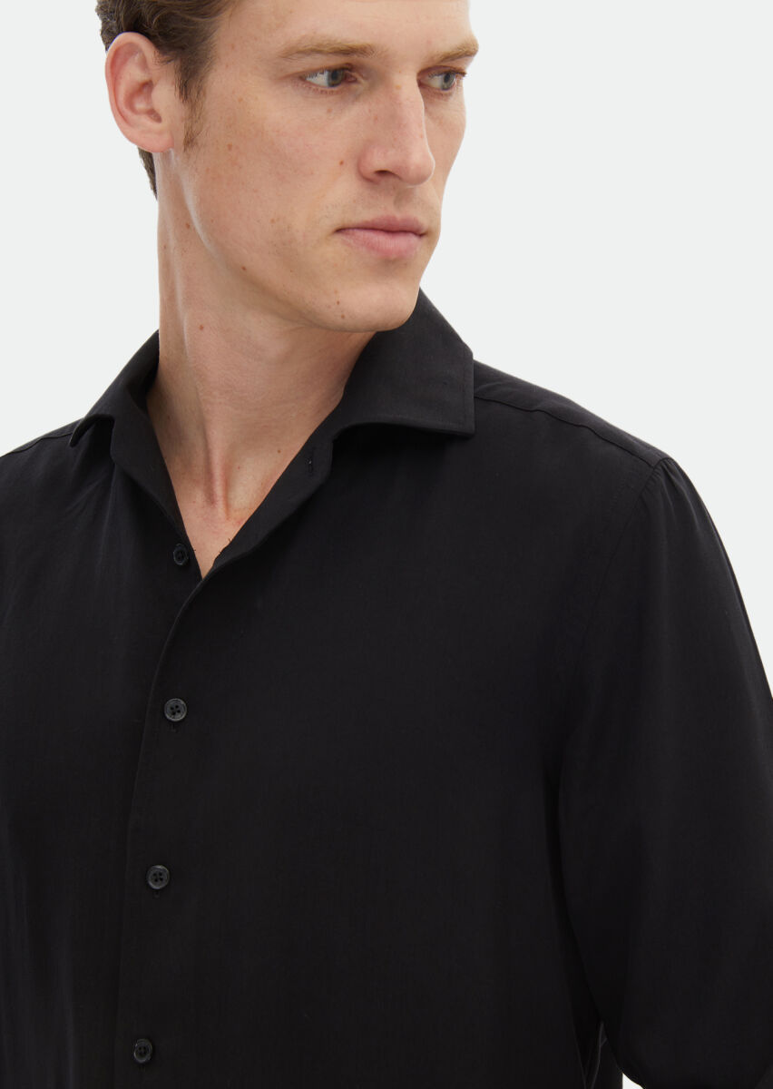 Siyah Düz Regular Fit Uzun Dokuma Casual Gömlek - 4