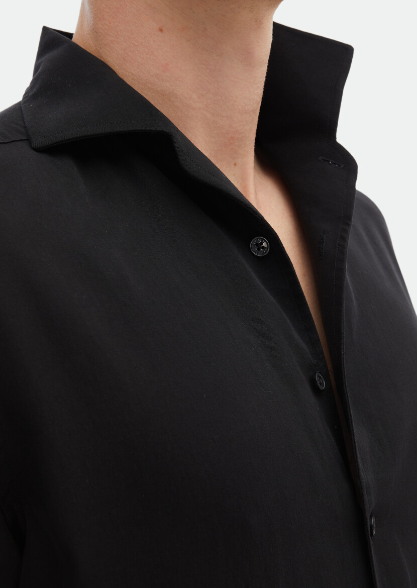 Siyah Düz Regular Fit Uzun Dokuma Casual Gömlek - 6