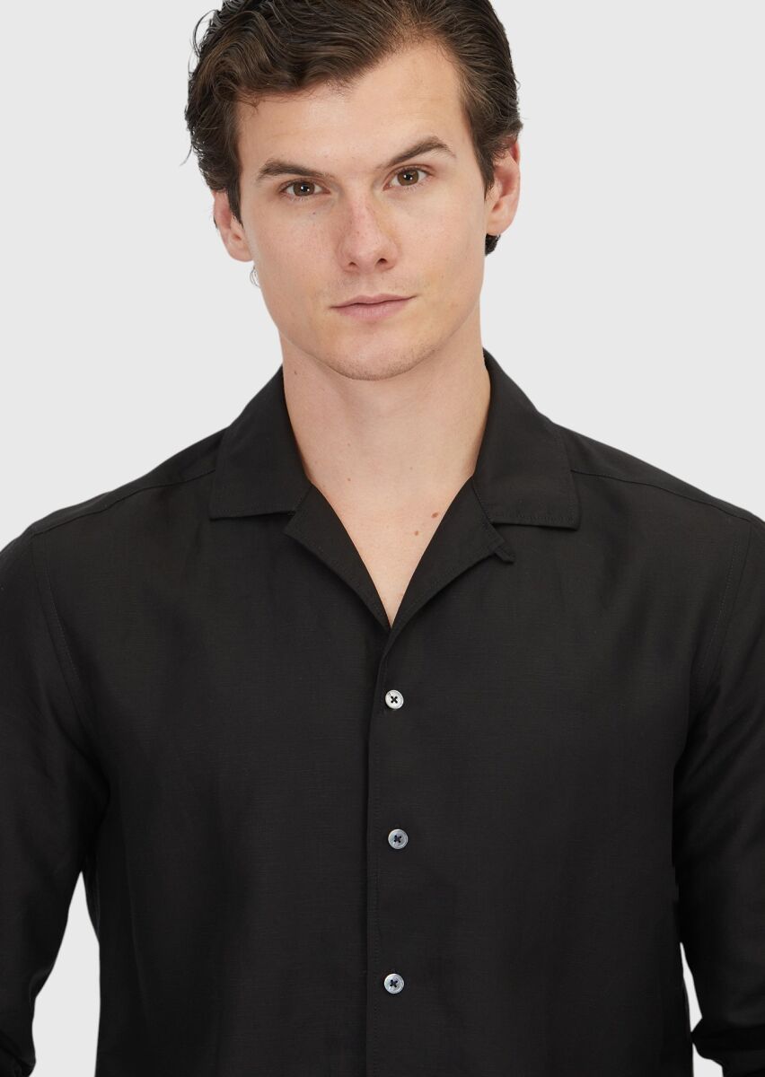 Siyah Düz Regular Fit Dokuma Casual Keten Karışımlı Gömlek - 3