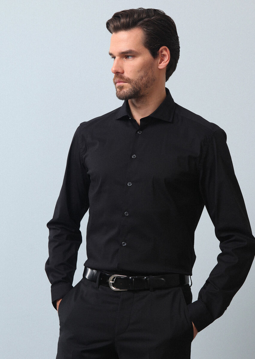 Siyah Düz Regular Fit Uzun Dokuma Casual Pamuk Karışımlı Gömlek - 1