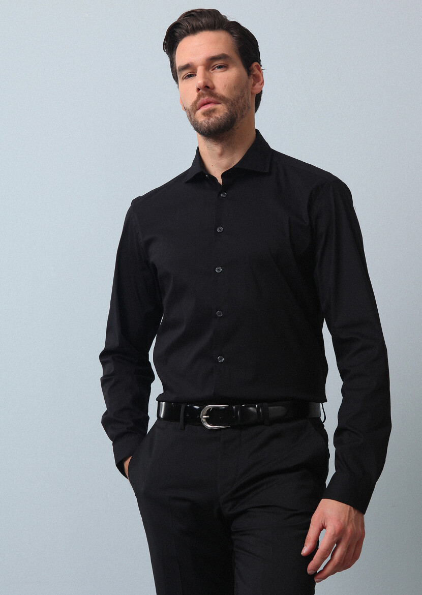 Siyah Düz Regular Fit Uzun Dokuma Casual Pamuk Karışımlı Gömlek - 3