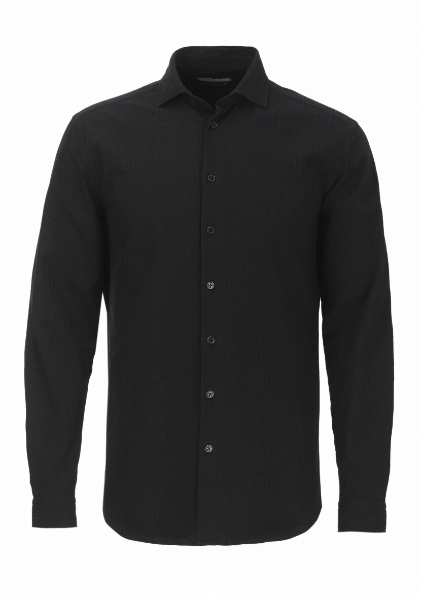 Siyah Düz Regular Fit Uzun Dokuma Casual Pamuk Karışımlı Gömlek 