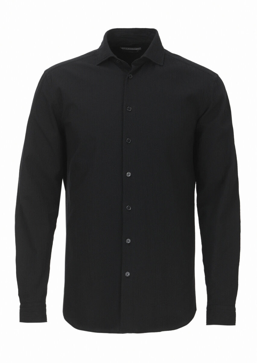 Siyah Düz Regular Fit Uzun Dokuma Casual Pamuk Karışımlı Gömlek - 1