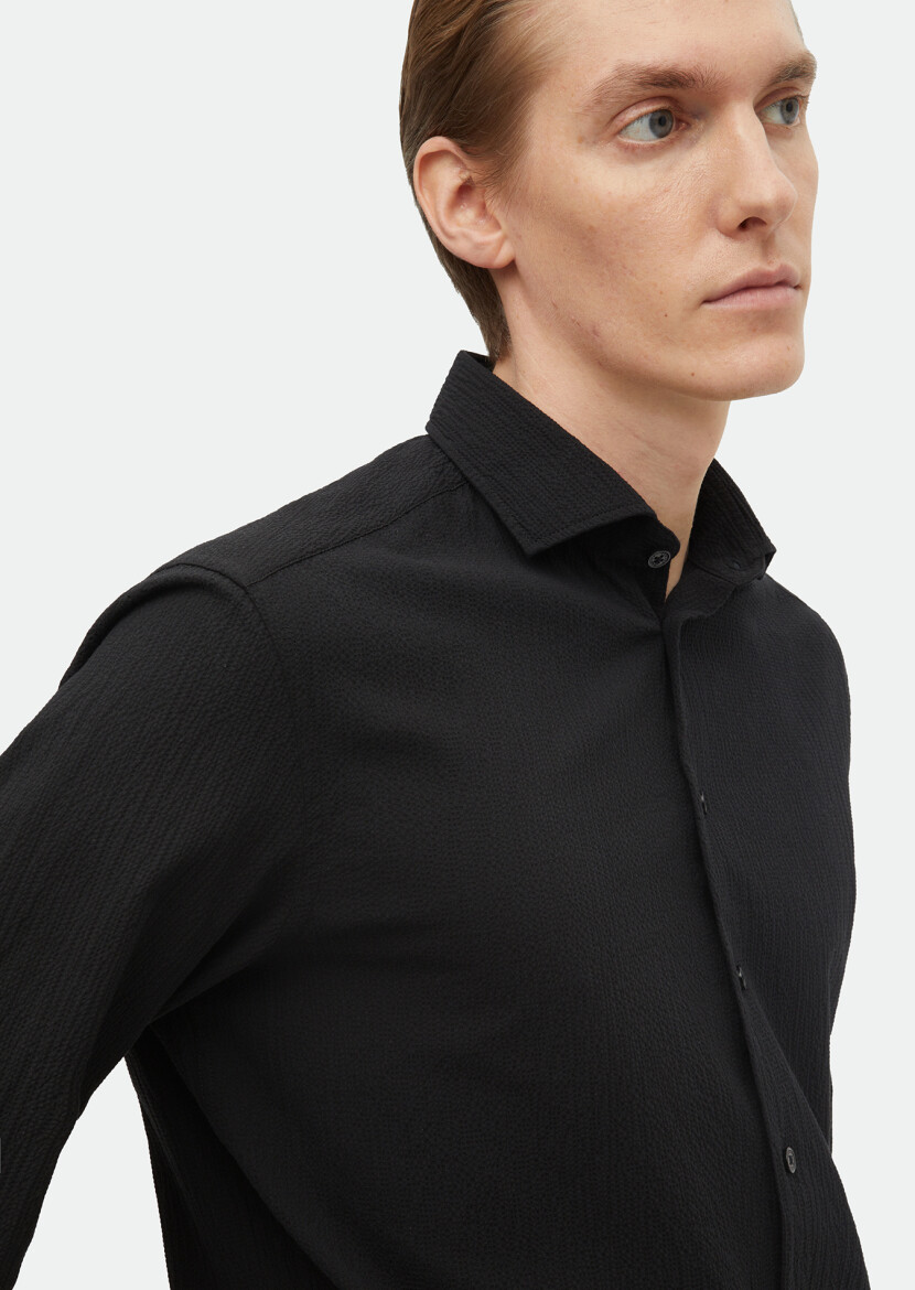 Siyah Düz Regular Fit Uzun Dokuma Casual Pamuk Karışımlı Gömlek - 4