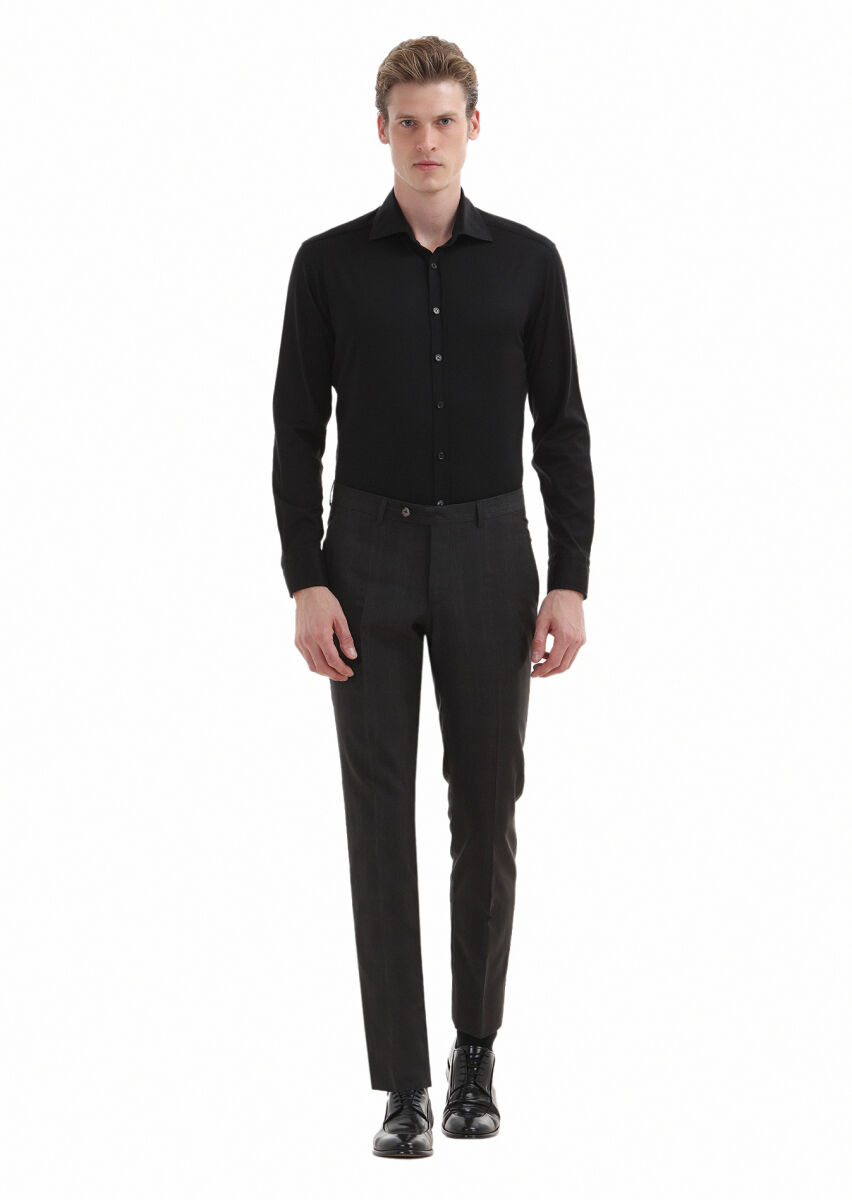 Siyah Düz Regular Fit Uzun Dokuma Klasik %100 Pamuk Gömlek - 1