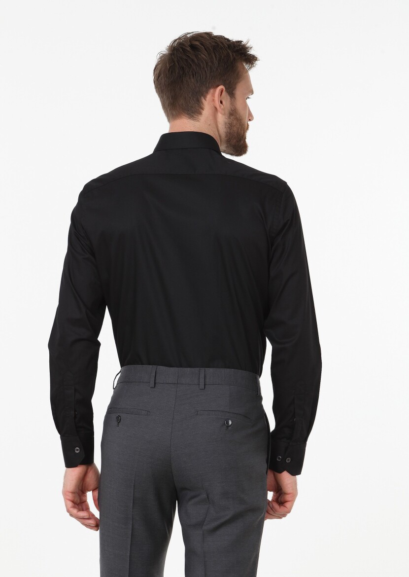 Siyah Düz Regular Fit Uzun Dokuma Klasik Pamuk Karışımlı Gömlek - 4